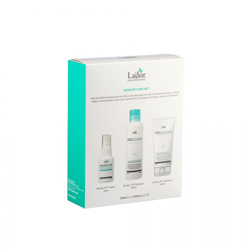 Lador Профессиональный набор из трех средств для волос на основе кератина KERATIN CARE SET: Hydro LPP Treatment, Keratin LPP Shampoo, Before Care Keratin PPT 1x30мл, 2x150мл