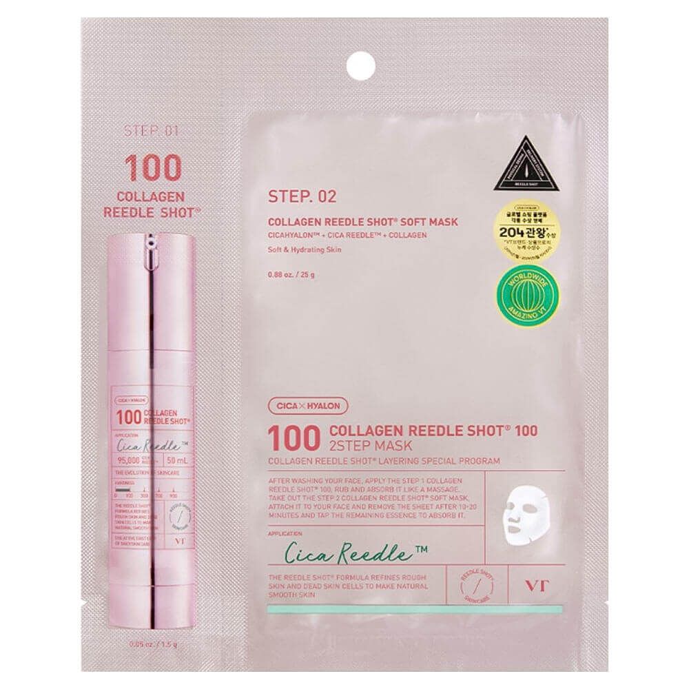 VT Cosmetics Collagen Reedle Shot 100 2Step Mask,Двухступенчатая тканевая маска с микроиглами и коллагеном 25 г*1,5 г